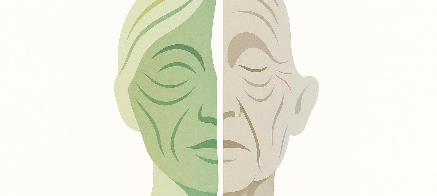 An abstract illustration depicting the left side of a face with youthful, firm contours, shown in shades of green, contrasted with the right side of a face showing aged, sagging contours and wrinkles, in shades of brown and gray.