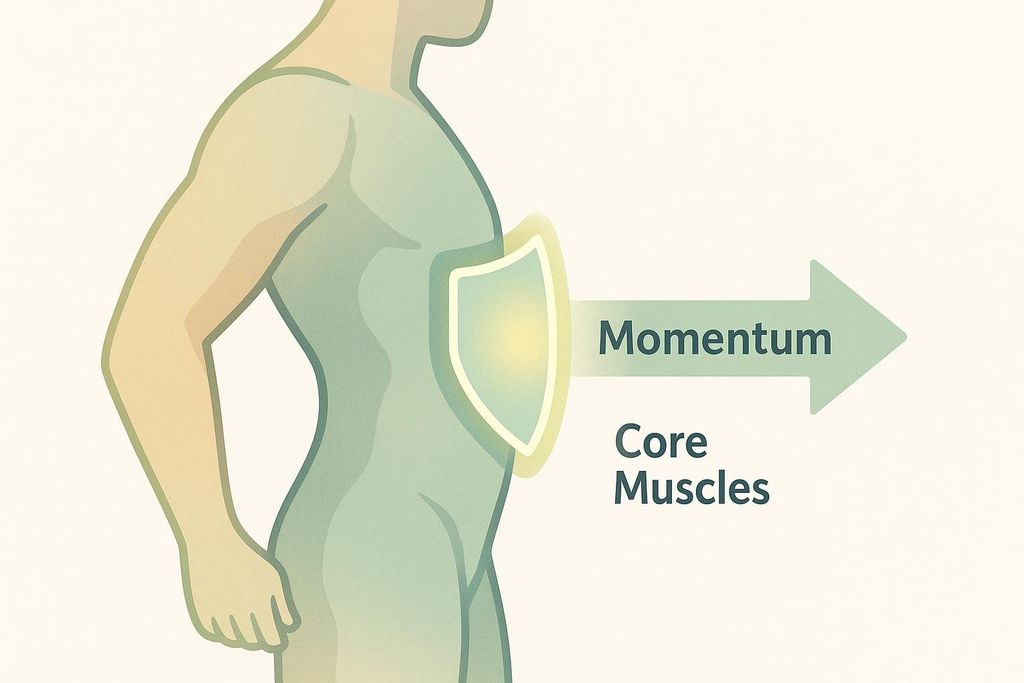 An illustration showing a person's torso with a glowing shield representing the core muscles. An arrow labeled 'Momentum' points to the right, indicating an opposing force against the core muscles.
