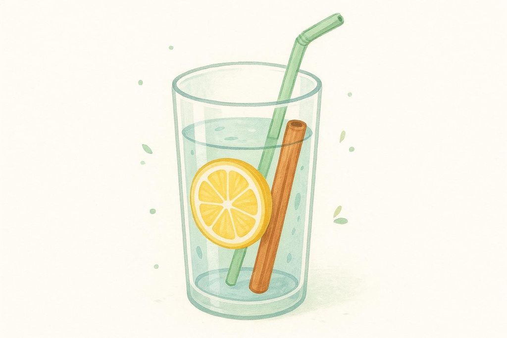 An illustration of a glass of liquid with a lemon slice, a cinnamon stick, and a green straw, all on a light background. This could represent a refreshing and healthy drink.