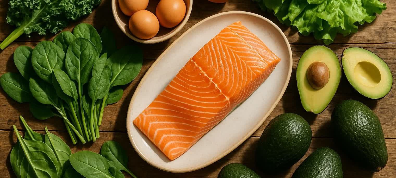 Top-down view of fresh ingredients on a wooden table, including a large salmon fillet on a white platter, a bowl of three eggs, a bunch of spinach, and whole and halved avocados.
