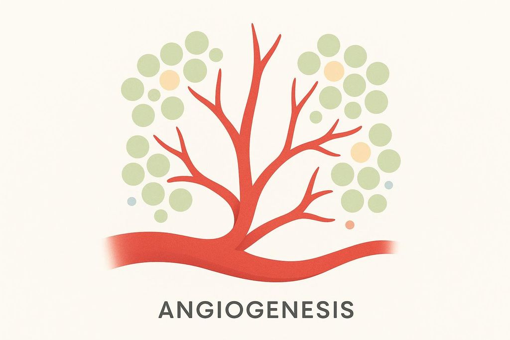 An abstract illustration depicting angiogenesis. A thick red blood vessel branches into smaller red vessels, surrounded by clusters of light green circular cells and a few scattered peach, blue, and orange cells. The word 'ANGIOGENESIS' is written in dark gray letters below the vessels.