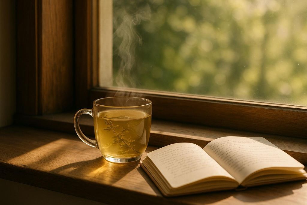 A steaming glass mug of tea with a sprig of herbs inside, next to an open book with handwritten text, both sitting on a sunlit wooden windowsill. Outside, green foliage is softly blurred in the background.