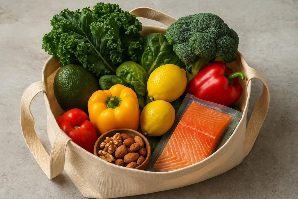 A beige reusable grocery bag filled with fresh, healthy ingredients including kale, spinach, avocado, red and yellow bell peppers, lemons, broccoli, a bowl of walnuts and almonds, and a vacuum-sealed salmon fillet.