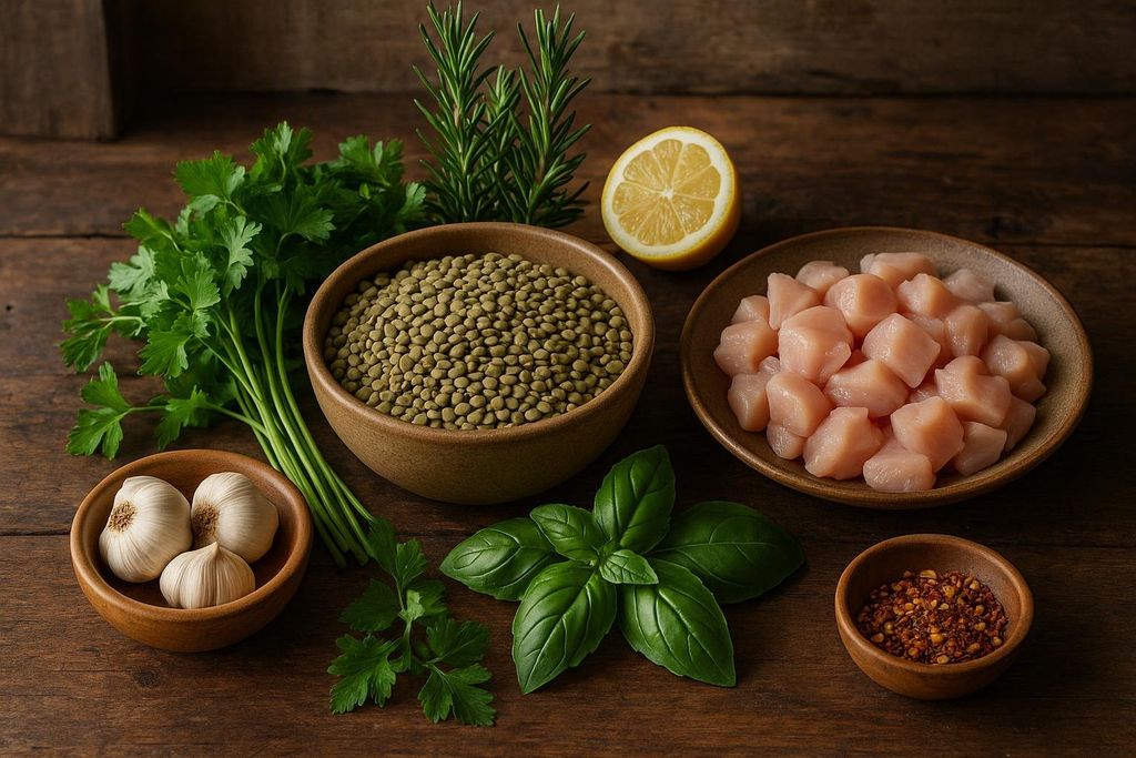 A rustic wooden counter displays a variety of fresh ingredients for meal preparation. These include a bowl of lentils, diced chicken breast, a lemon half, garlic cloves, fresh parsley, basil leaves, rosemary sprigs, and a small bowl of chili flakes.
