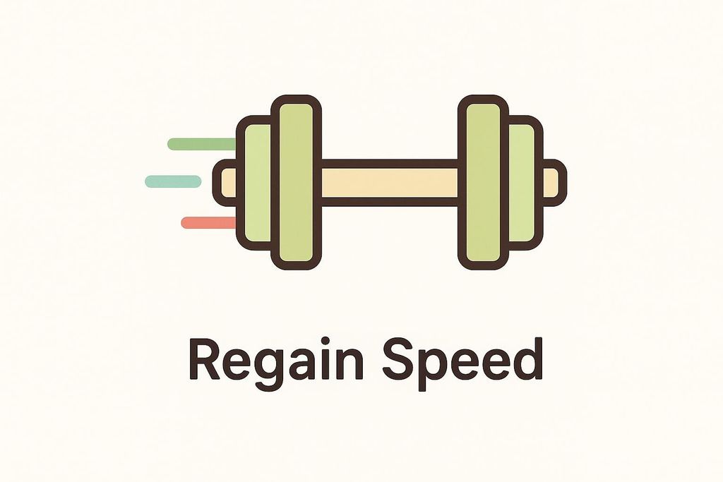 An illustration of a dumbbell with short, colorful speed lines emanating from its left side, underneath which the text 'Regain Speed' is displayed in a sans-serif font.