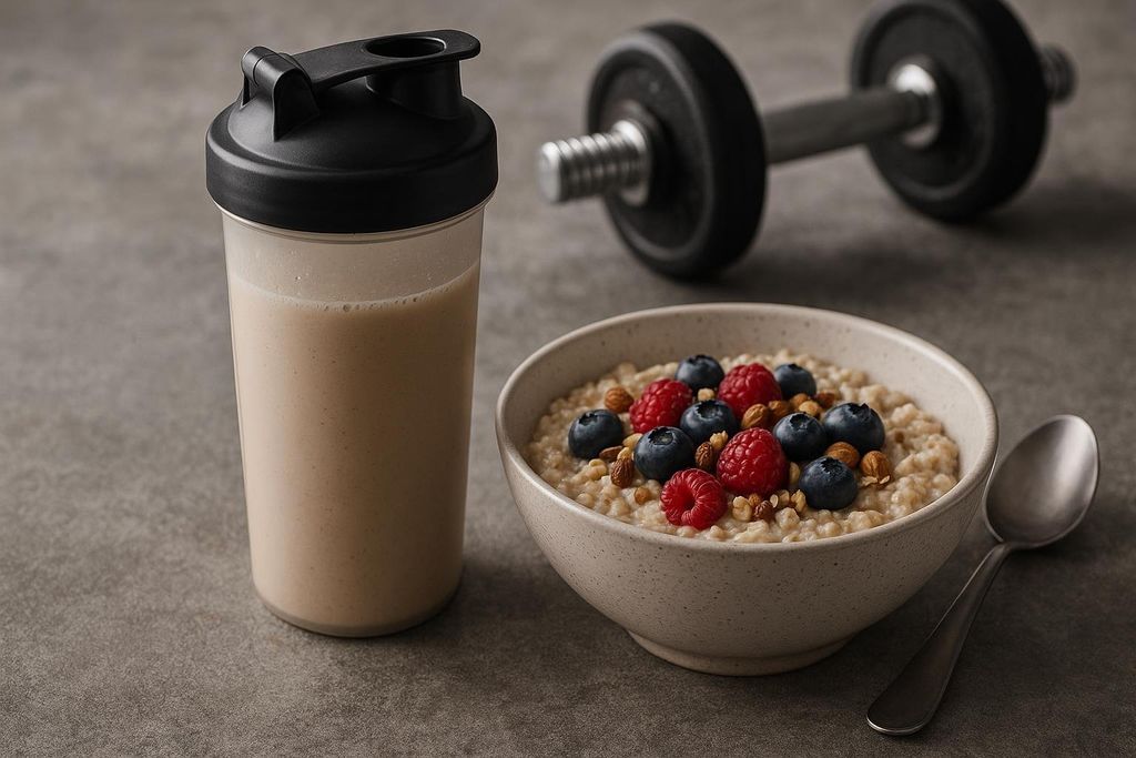 A protein shake and a bowl of oatmeal topped with raspberries, blueberries, and nuts, with a dumbbell in the background. This image symbolizes a healthy post-workout meal for fitness and recovery.