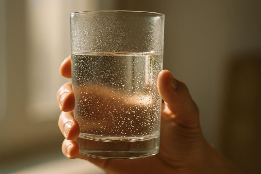 A close-up of a hand holding a condensation-covered glass of sparkling water, with numerous small bubbles visible within the liquid.