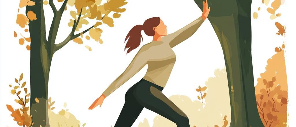 An illustration of a person doing a yoga pose in a forest with trees displaying autumnal colors.