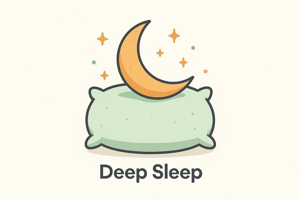 An illustration depicting a light green pillow with a yellow crescent moon resting on it, surrounded by small orange and blue stars, with the text 'Deep Sleep' written below.