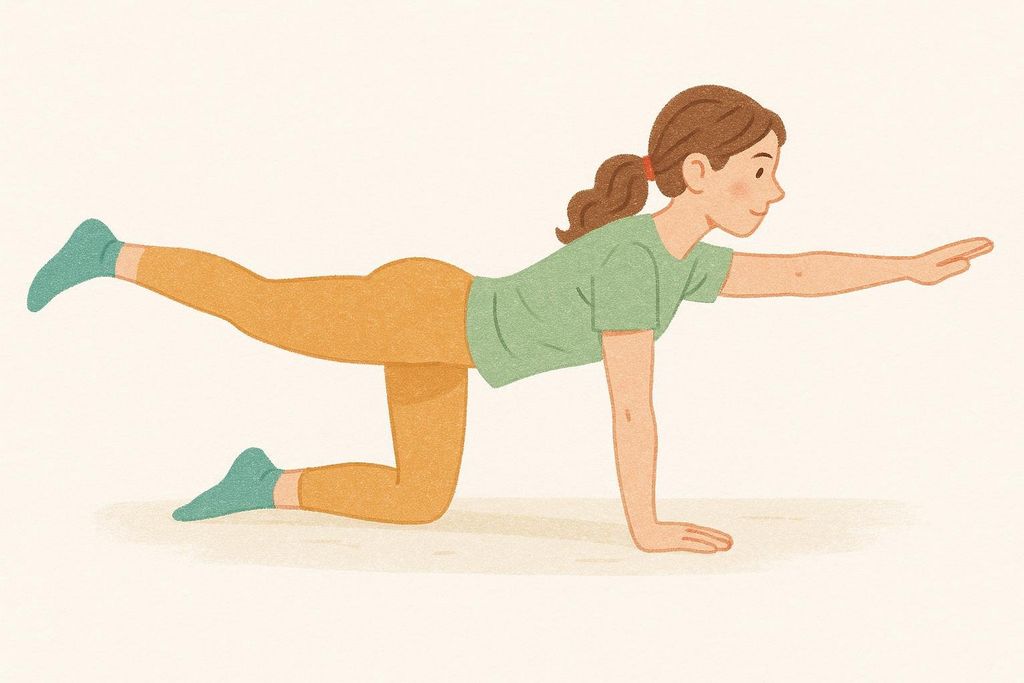 An illustration of a person performing the Bird-Dog exercise. The person is on all fours, extending their right arm forward and their left leg backward, maintaining a straight line from hand to foot for core stability.
