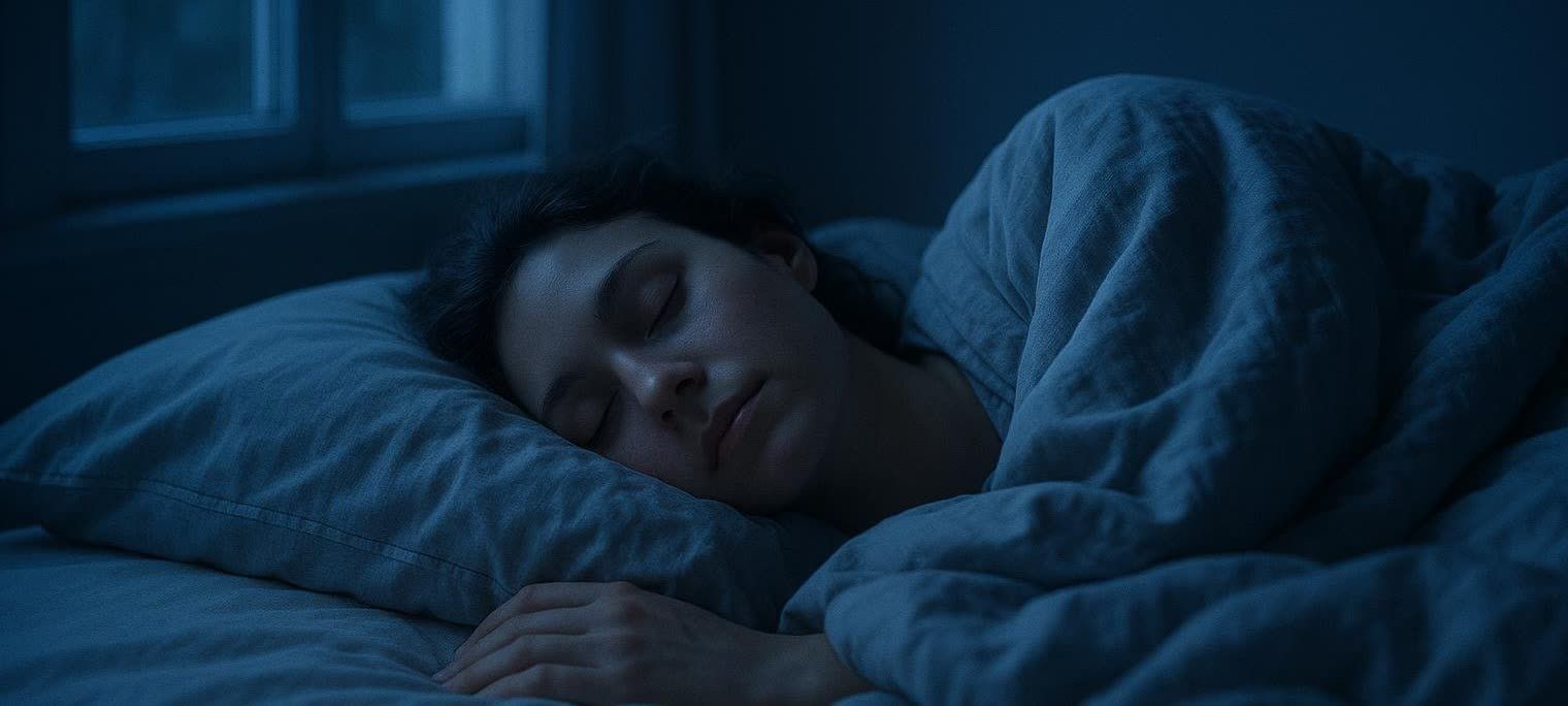 A woman with her eyes closed, sleeping peacefully in a dark room under blue sheets, with a window visible in the background.