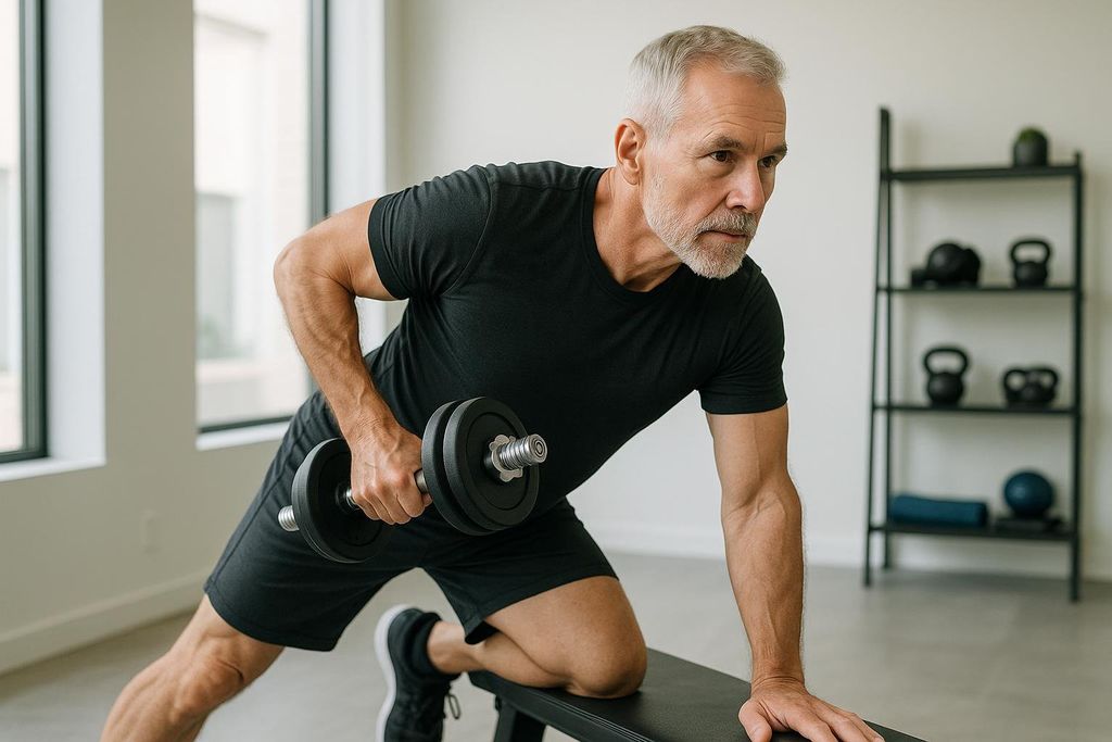 A fit older man with gray hair and a beard, wearing a black t-shirt and shorts, is performing a dumbbell row with a single black dumbbell, his right knee on a weight bench. He is focused and determined, illustrating the importance of building muscle for longevity and healthspan.