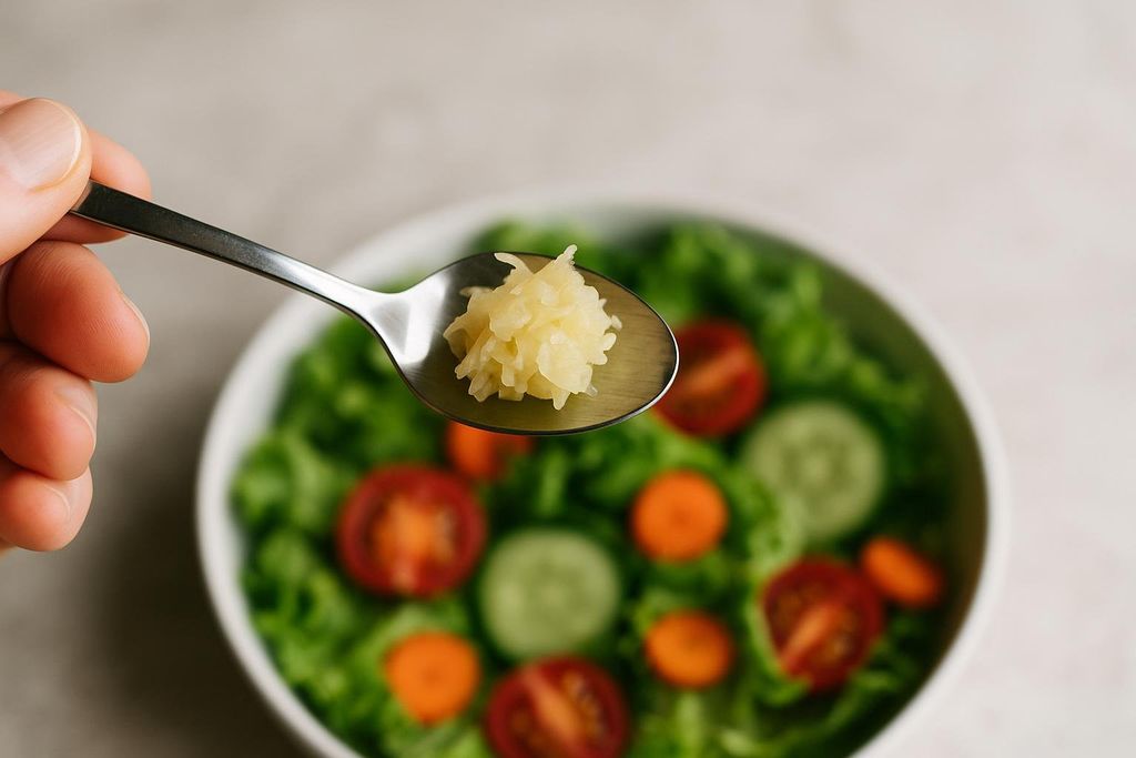 A close-up of a hand holding a teaspoon with a small portion of sauerkraut over a blurry bowl of green salad, demonstrating a cautious serving size for IBS.