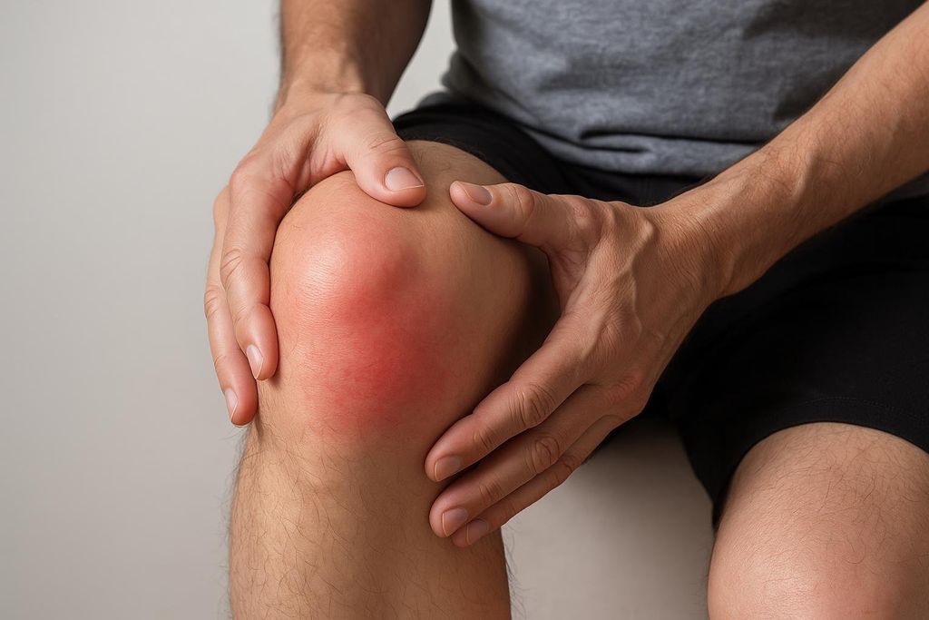 A close-up of a person's hands gently touching a swollen, red knee. The redness and swelling indicate a potential inflammatory condition requiring medical attention.