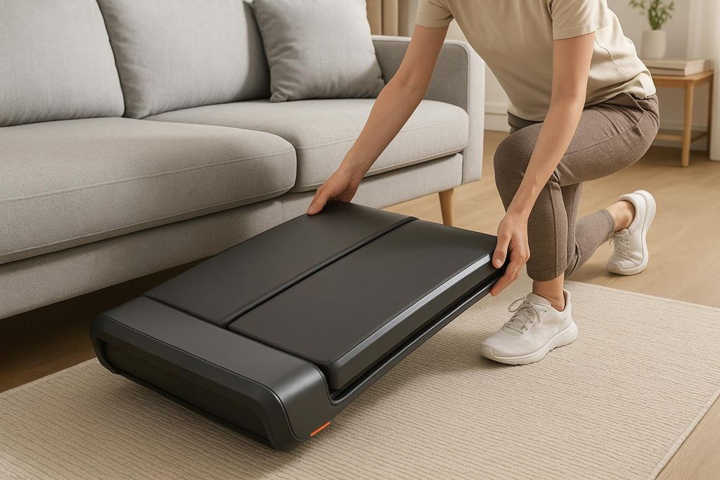 A person kneeling on a rug, pushing a black foldable walking pad partially under a light grey couch. The walking pad is a dark grey treadmill surface, folded in half, demonstrating its space-saving design.