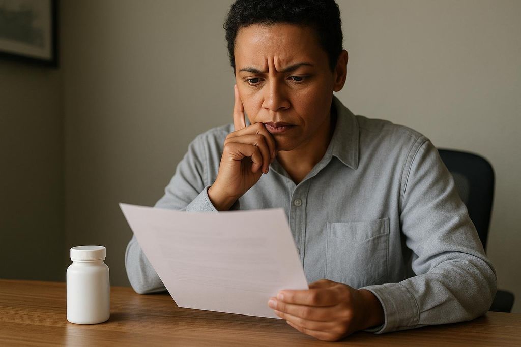 A person with a furrowed brow carefully reads a document, possibly researching the benefits of supplements represented by a white bottle on the table next to them.