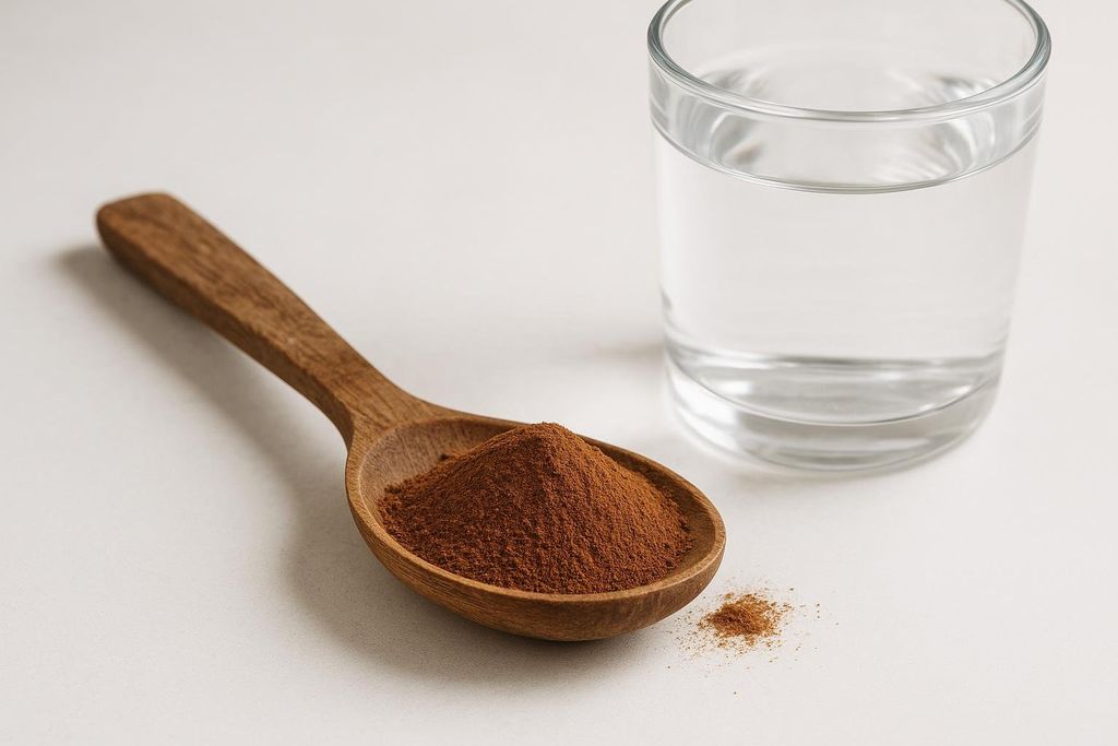 A wooden spoon holds a pile of brown botanical extract powder, with a small spill of powder next to it, on a white surface. A clear glass of water is visible in the background.