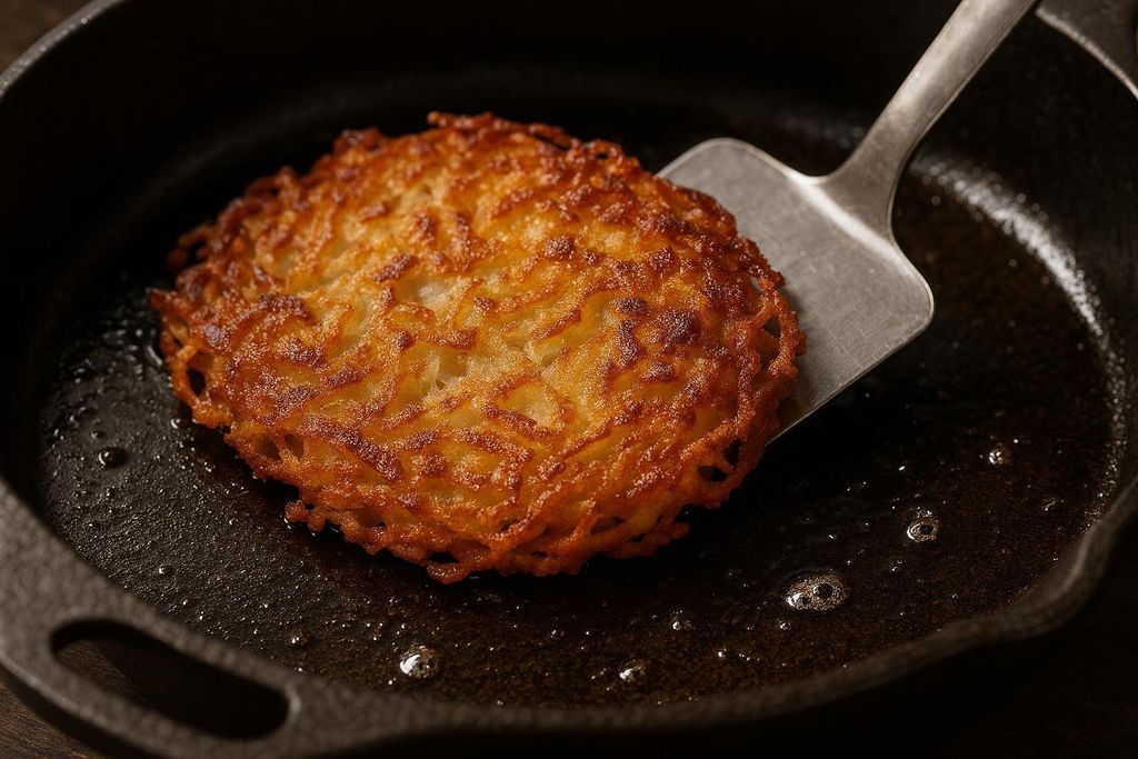 A close-up of a golden-brown, crispy hash brown in a black cast iron skillet, being lifted slightly by a metal spatula. The skillet contains hot oil with visible bubbles.