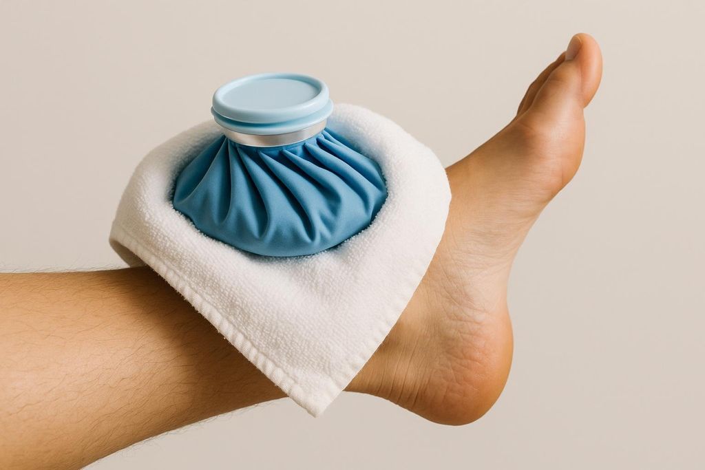A person's elevated ankle with a blue ice pack wrapped in a white towel on it, suggesting injury treatment.