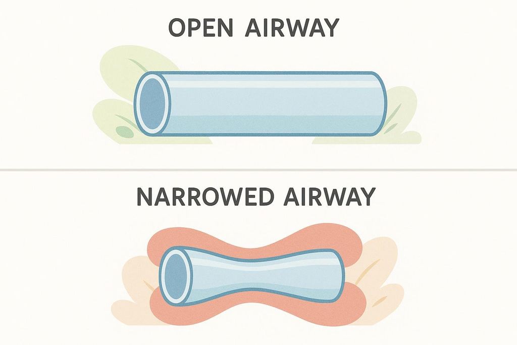 A diagram illustrates an open airway as a wide, open pipe and a narrowed airway as a pipe constricted by surrounding tissue, similar to a garden hose analogy.