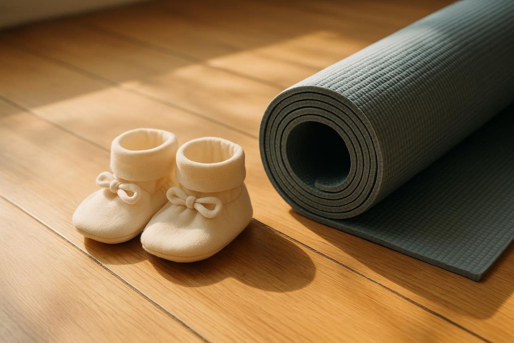 A pair of cream-colored baby booties with bows on the front, resting on a wooden floor next to a rolled-up gray yoga mat. The scene is softly lit.