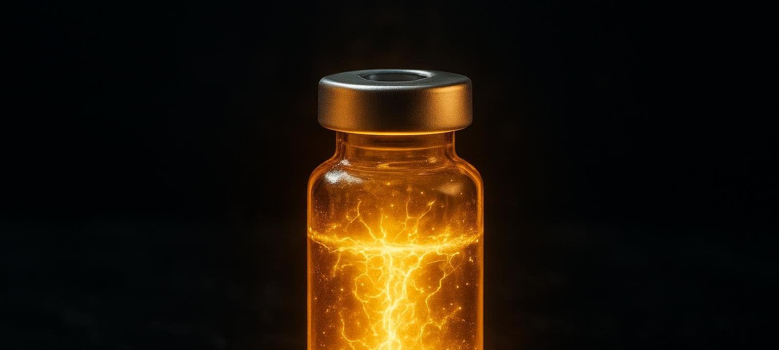 A glowing medical vial sitting on a dark surface representing concentrated potency