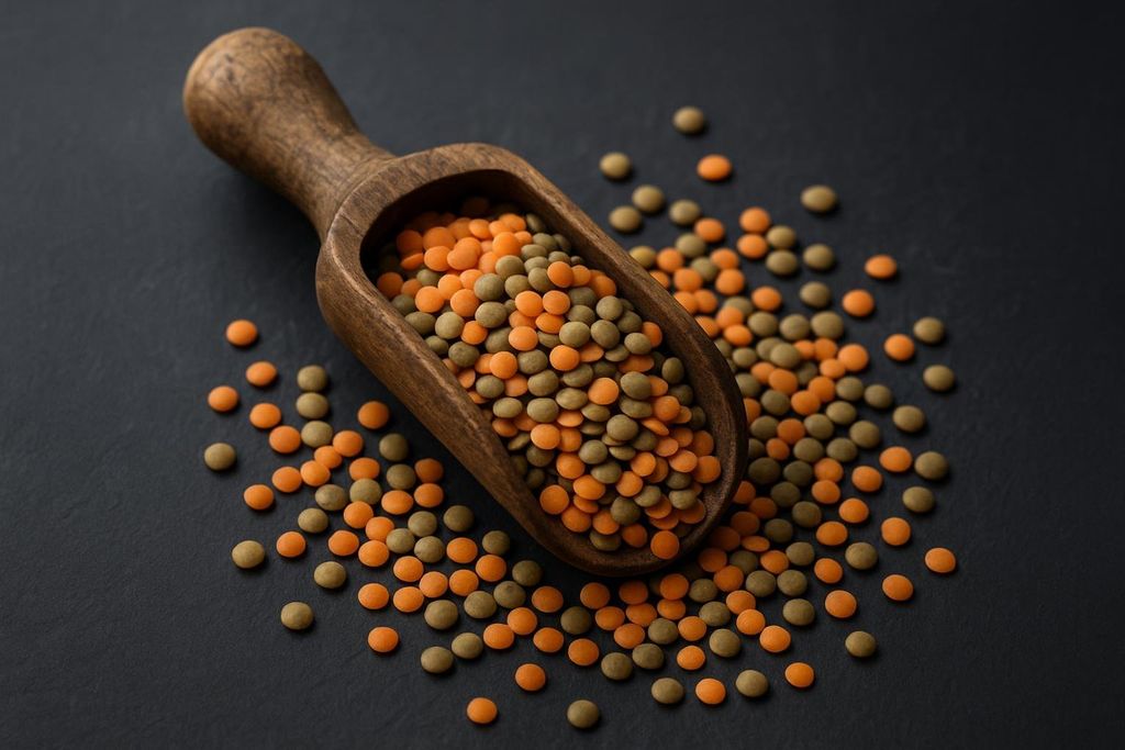 A wooden scoop filled with a mixture of red and green lentils, with more lentils scattered around it on a dark surface.