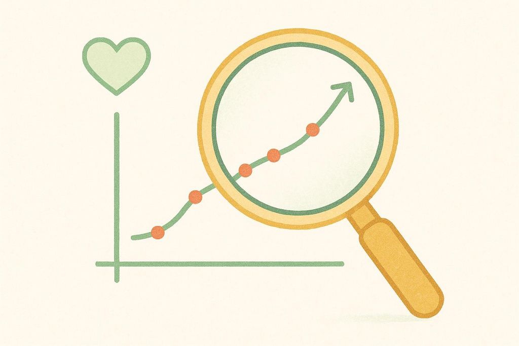 An illustration showing a magnifying glass examining a green line graph with orange data points that is trending upwards. A green heart icon is positioned above the y-axis, implying growth or improvement in a positive metric.