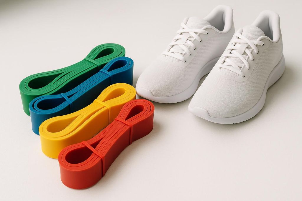 Four colorful rolled-up resistance bands (green, blue, yellow, red) are neatly placed next to a pair of clean white athletic sneakers on a pristine white surface.
