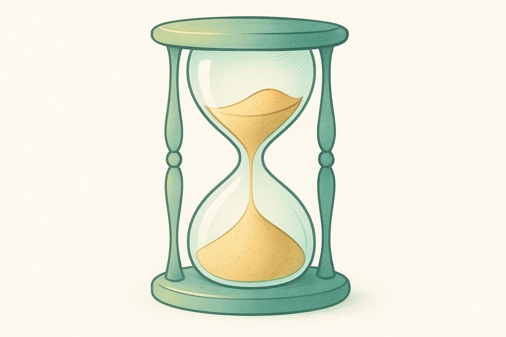 A vintage-style illustration of an hourglass with green wooden frames and golden sand, signaling the passage of time or a deadline.