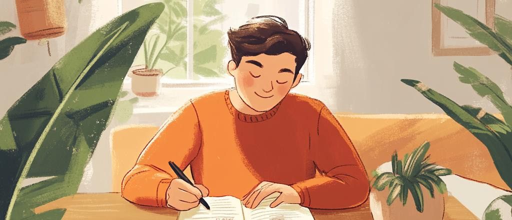 An illustration of a person writing in a journal at a desk surrounded by houseplants. The person is smiling with their eyes closed.