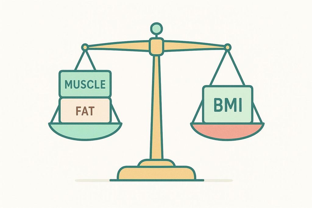 A balance scale weighing a single block labeled 'BMI' against a stacked block labeled 'MUSCLE' on top of a block labeled 'FAT', illustrating the importance of body composition over BMI.