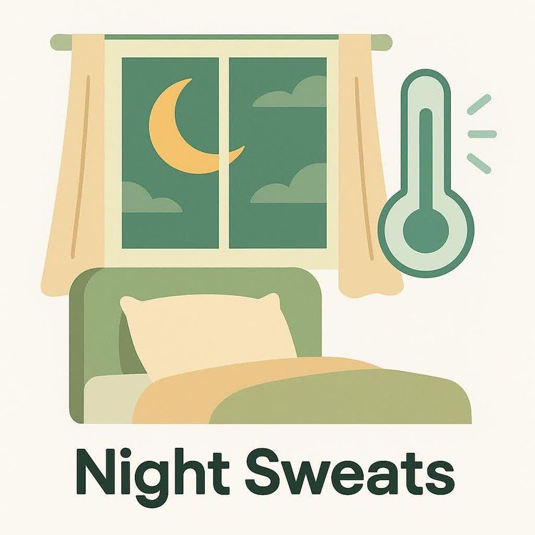 An illustration showing a moon and clouds outside a window, a bed, and a thermometer indicating a cool temperature. The text 'Night Sweats' is written below the illustration.