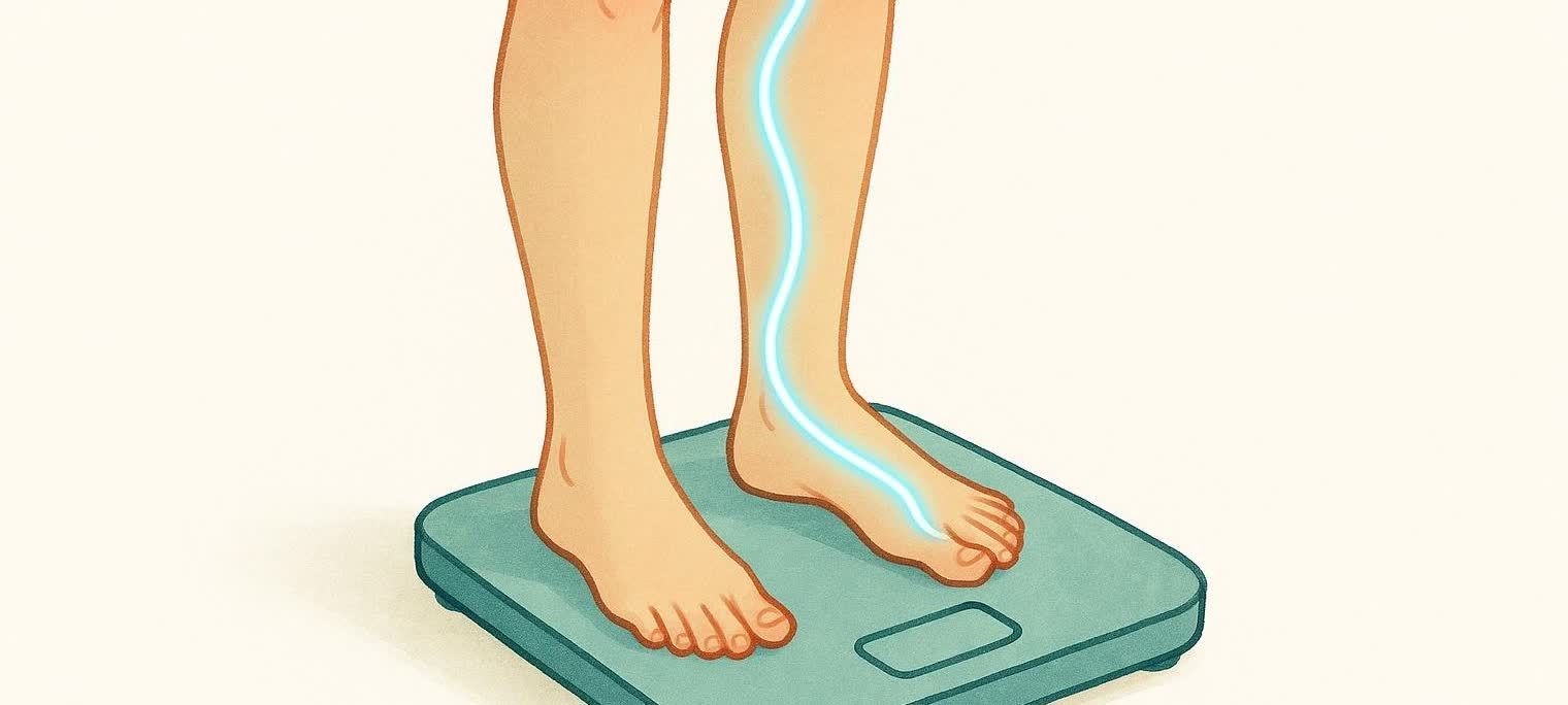 An illustration of bare feet standing on a light blue weighing scale. A glowing light blue wavy line runs up one leg and foot, representing energy or a neural pathway.