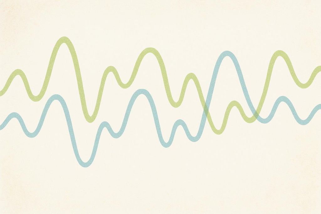 An abstract illustration with two wavy lines, one light green and one light blue, intersecting and overlapping against a textured off-white background, representing the unpredictable hormonal fluctuations of perimenopause.