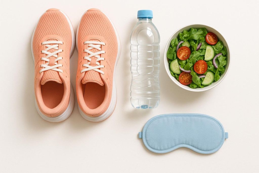 A flat lay of healthy lifestyle items: a pair of peach sneakers, a bottle of water, a fresh salad in a white bowl, and a light blue sleep mask, all arranged on a white background.