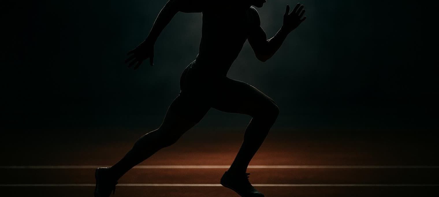 A silhouetted athlete in motion on an indoor track, illuminated by dynamic rim lighting.