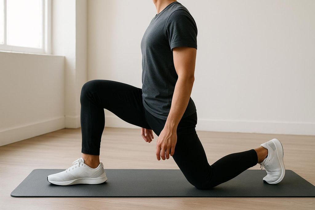 A person demonstrates a half-kneeling hip flexor stretch exercise on a black yoga mat, with one knee on the ground and the other foot flat on the mat in front. They are wearing a charcoal grey t-shirt, black pants, and white athletic shoes.