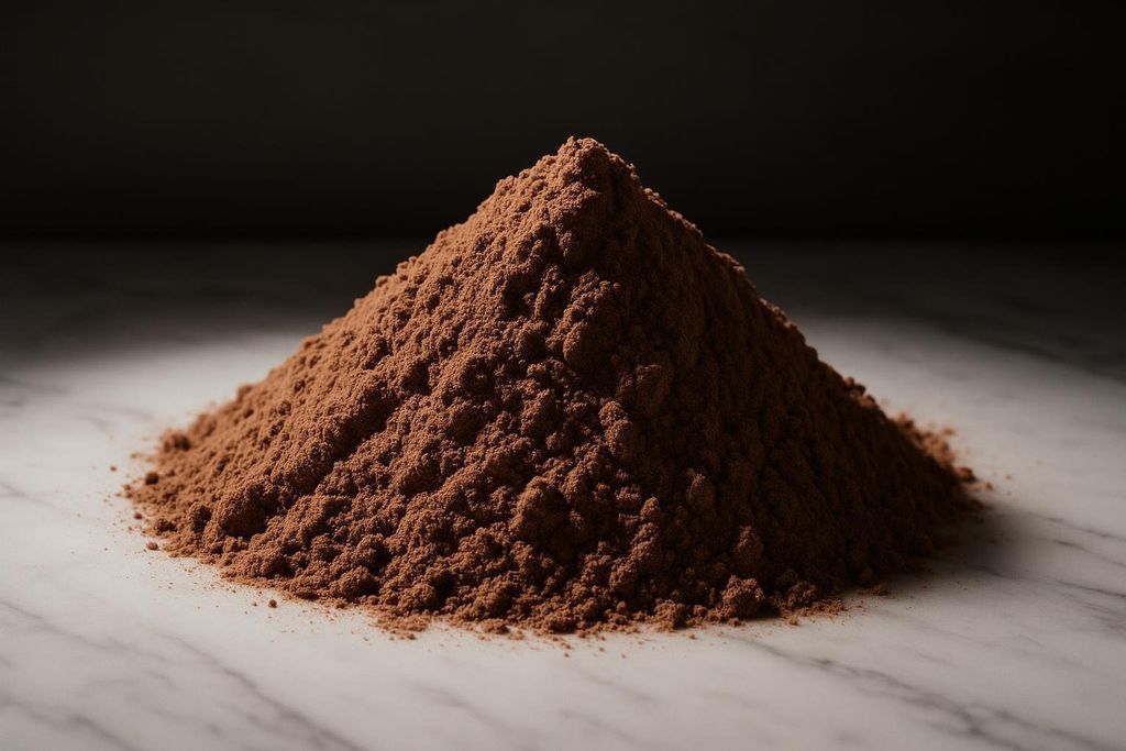 A large mound of dense chocolate powder spread across a white marble surface.
