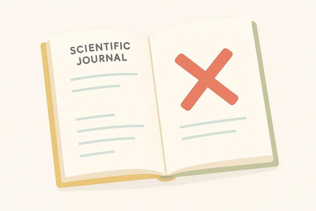 An illustration of an open scientific journal with the words 'SCIENTIFIC JOURNAL' on the left page and a large red 'X' on the right page, signifying a lack of evidence or rejection.