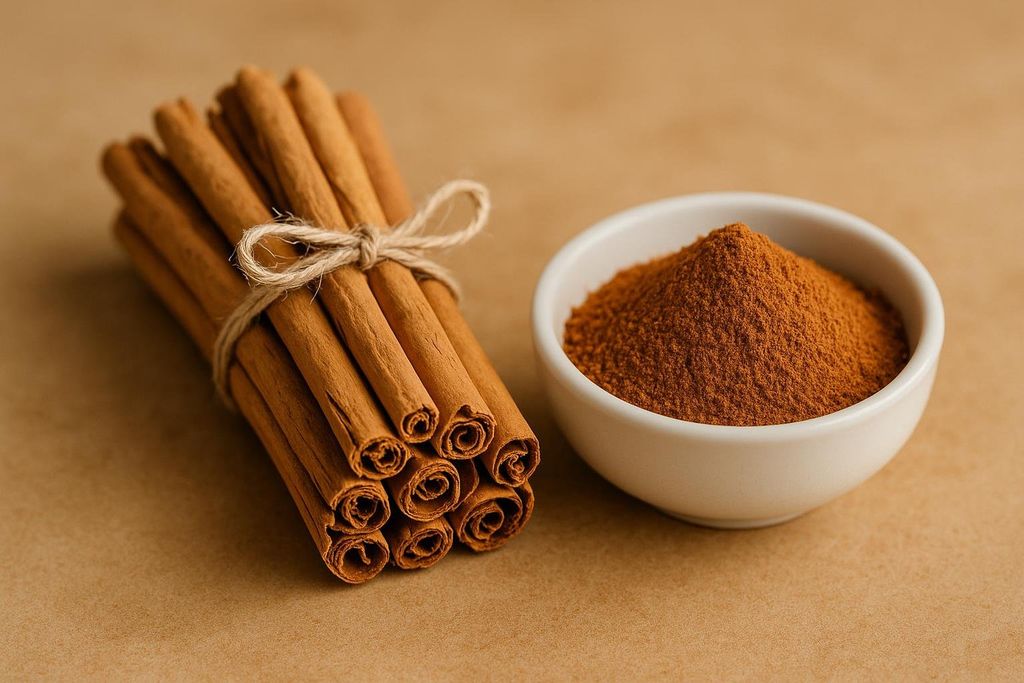 A bundle of Ceylon cinnamon sticks tied with twine rests next to a small white bowl filled with ground Ceylon cinnamon powder, both on a plain, light brown background. The sticks are thin and rolled in multiple layers, characteristic of Ceylon cinnamon.
