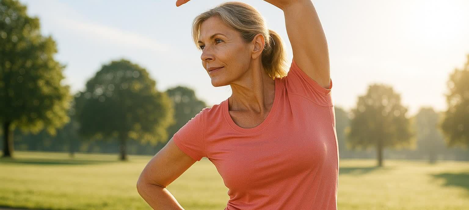 A fit midlife woman stretching outdoors
