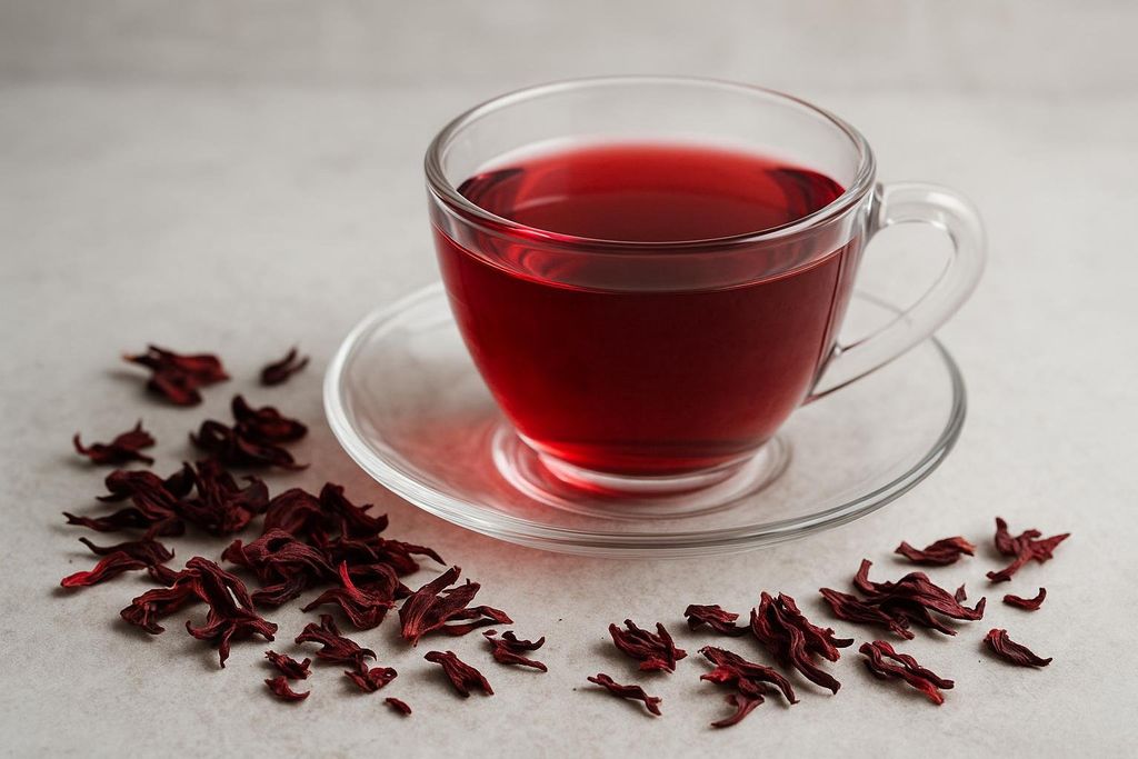 A clear glass cup filled with bright red hibiscus tea, placed on a transparent saucer. Around the cup, scattered on a light grey surface, are small piles of dried, dark red hibiscus petals.