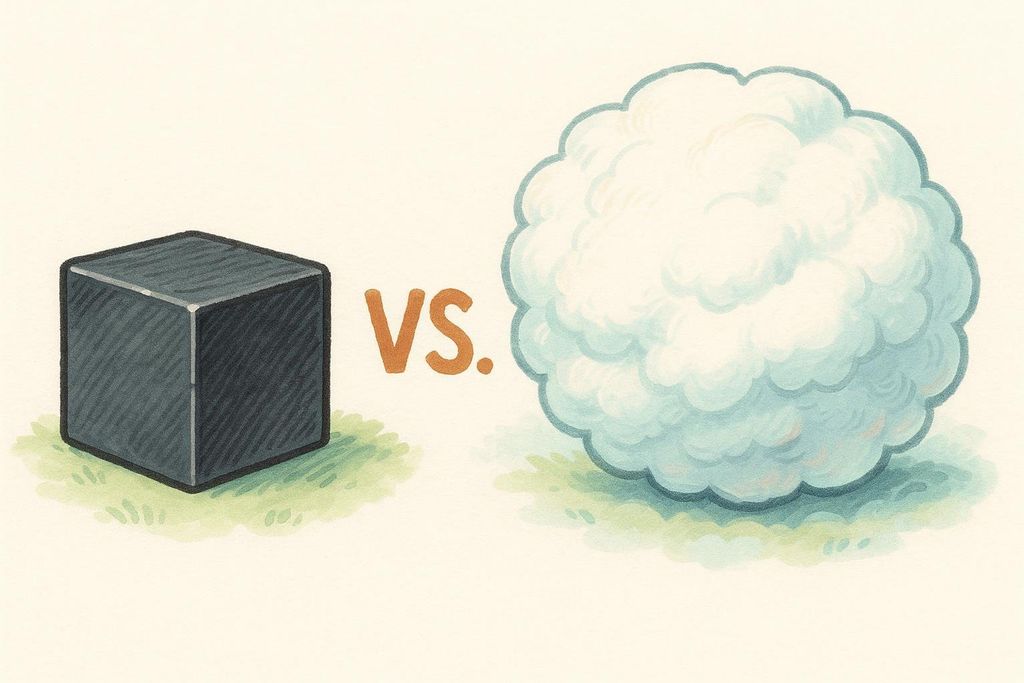 Comparison of a small dense cube and a large fluffy sphere representing density.