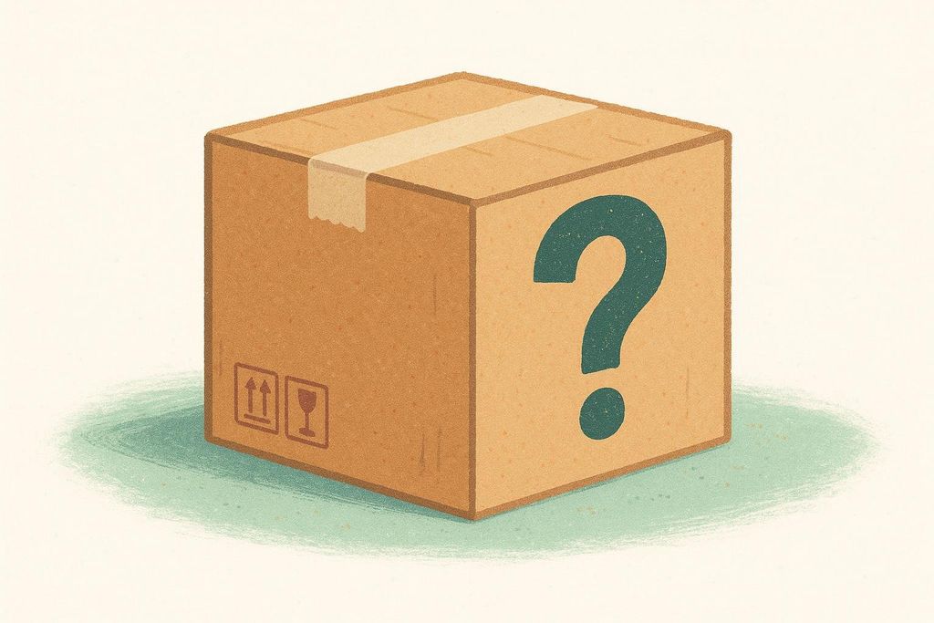 An illustration of a brown cardboard shipping box with a large teal question mark printed on its side. The box has taped seams and common shipping symbols (arrows pointing up and a fragile glass) on another visible side, resting on a textured light green surface.