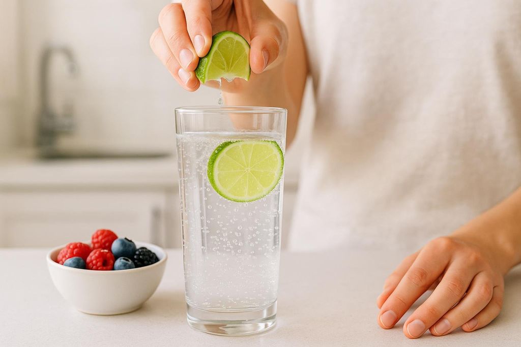 A person squeezing a lime wedge into a clear glass of sparkling water, with a lime slice already in the glass. A small white bowl of raspberries, blueberries, and blackberries sits nearby on a light-colored surface.