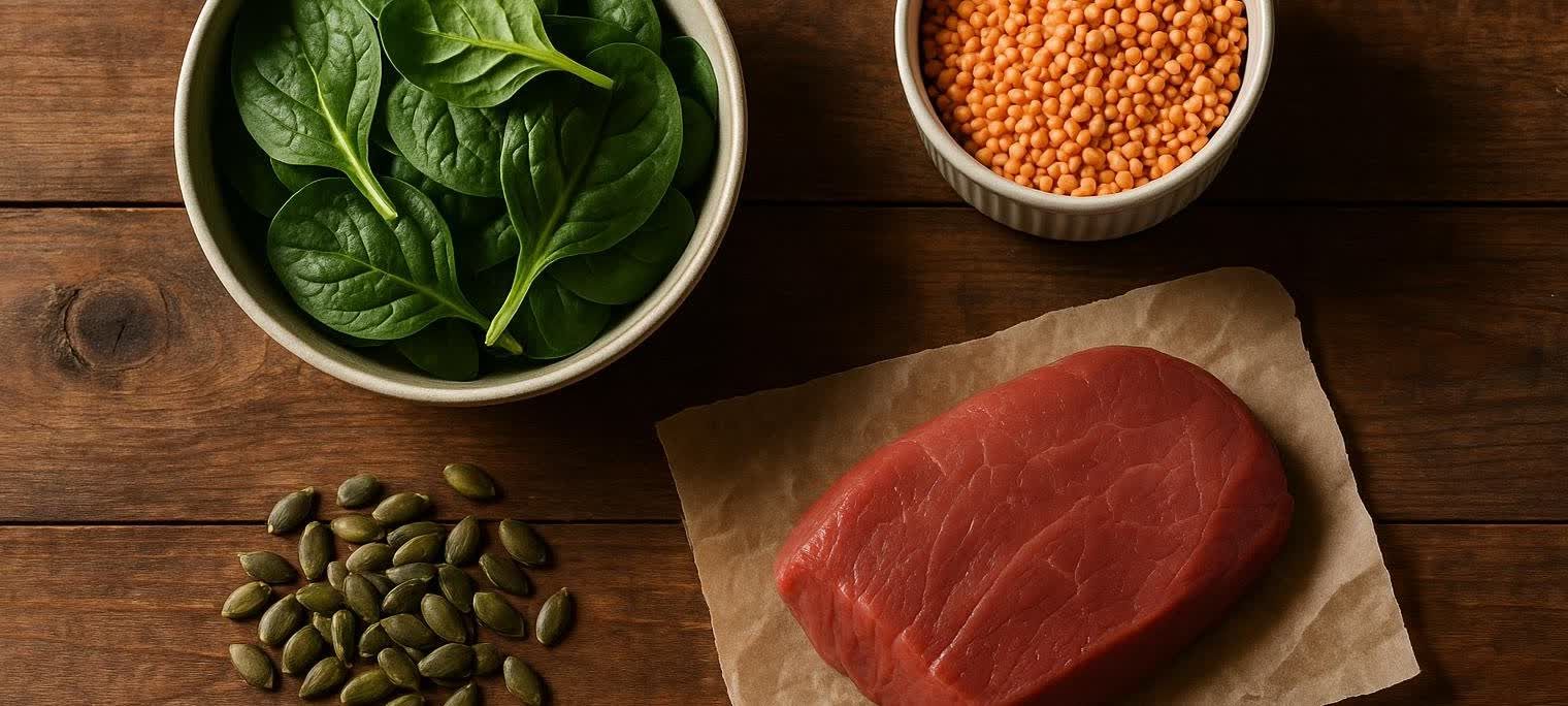 Overhead view of iron-rich foods including fresh spinach, red lentils, pumpkin seeds, and lean beef on a wooden table.