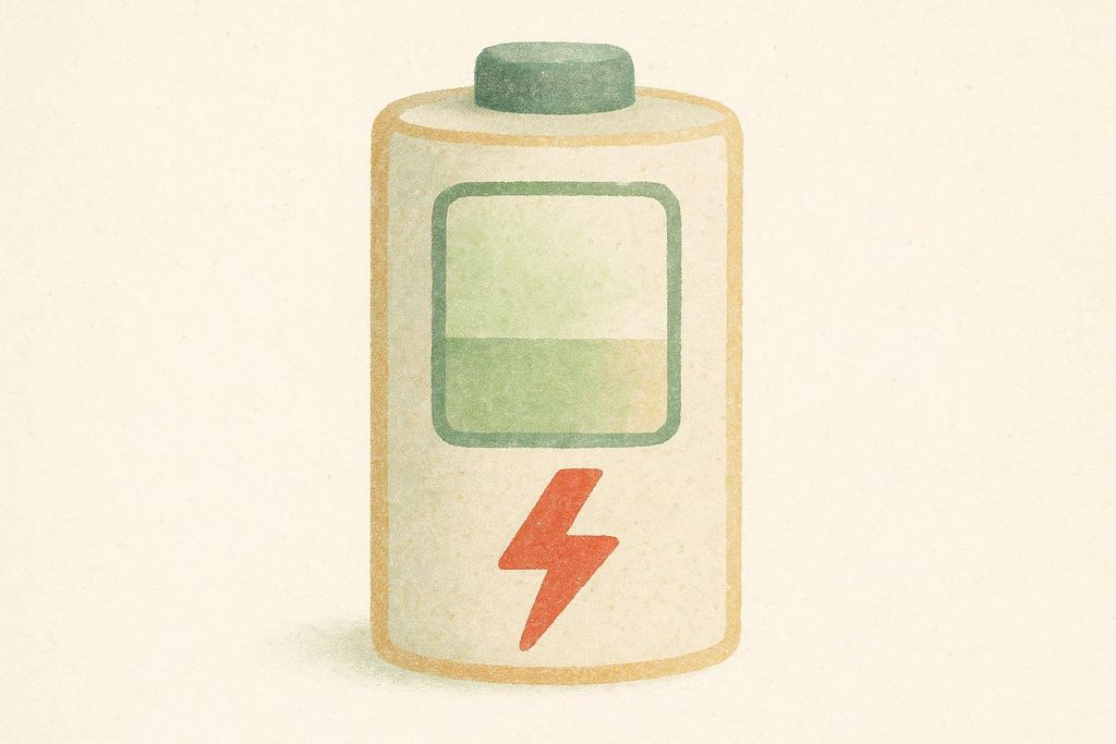 An illustration of a battery with a charge indicator showing it is partially full. A red lightning bolt symbol is at the bottom of the battery, suggesting power or motivation.