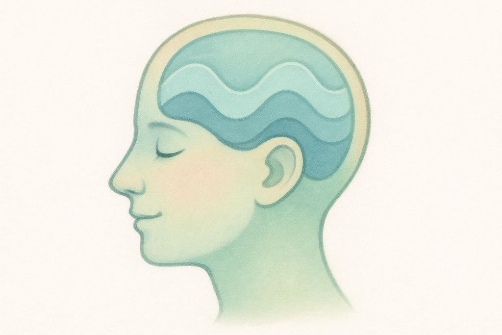 Illustration of a person's head in profile with closed eyes, showing calm, wave-like patterns inside the brain, representing improved sleep quality.