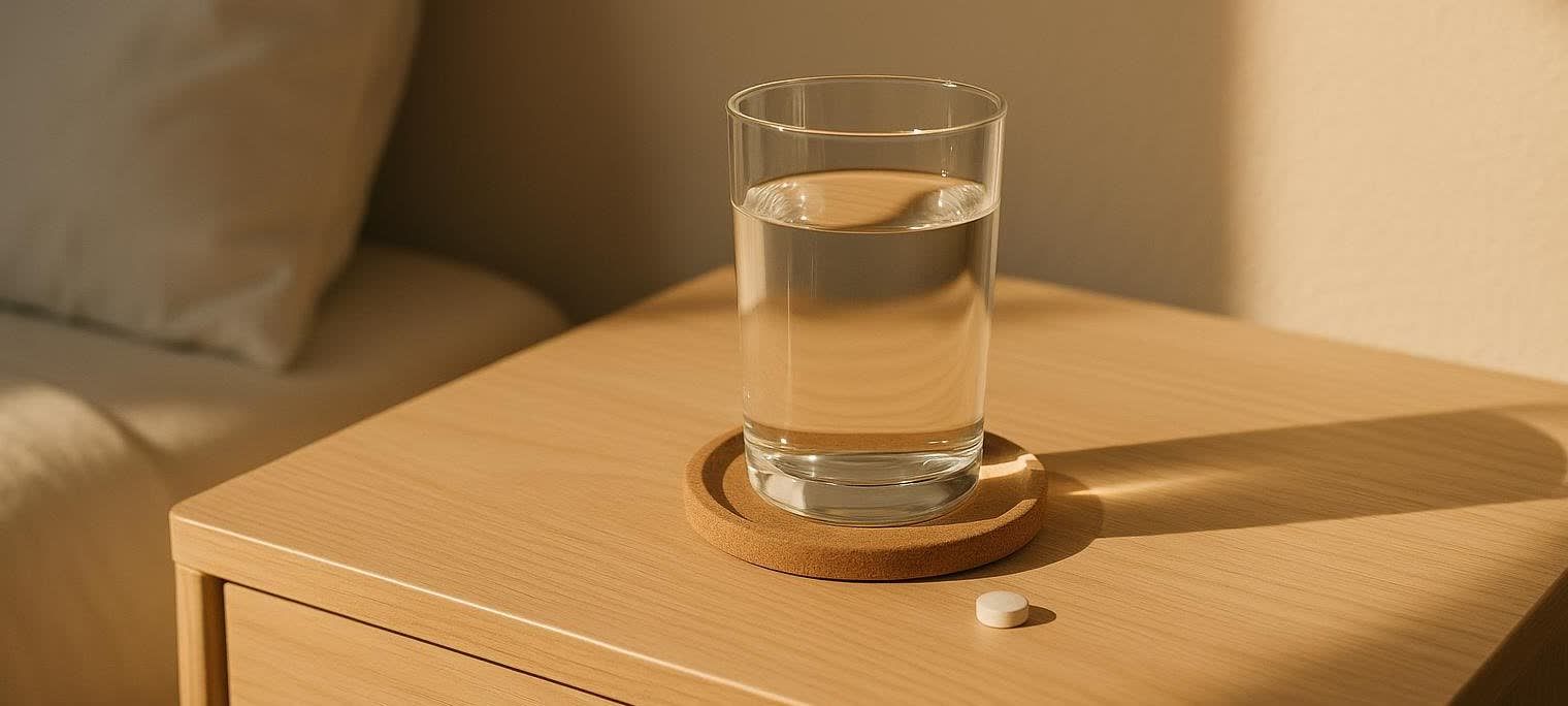 A single white pill and a glass of water on a light wood nightstand illuminated by morning sunlight. A pillow and bed are softly visible in the background.